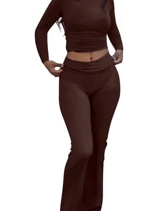 Pants - Chocolate Brown Two Piece Matching Set Long Sleeve Top Flare Pants